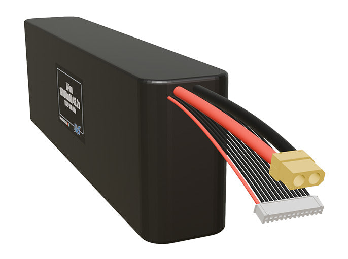 Angled product render of the 12000mAh twenty-four-cell Li-ion pack. A lightweight energy source for UAV, drone, and robotic builds.