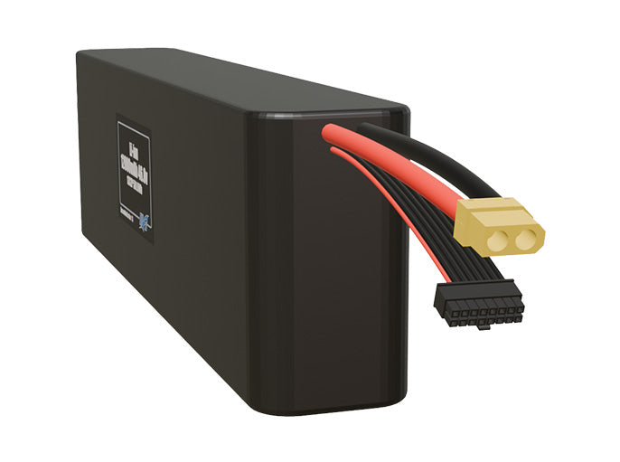 Angled product render of the 12000mAh twenty-six-cell Li-ion pack. A lightweight energy source for UAV, drone, and robotic builds.