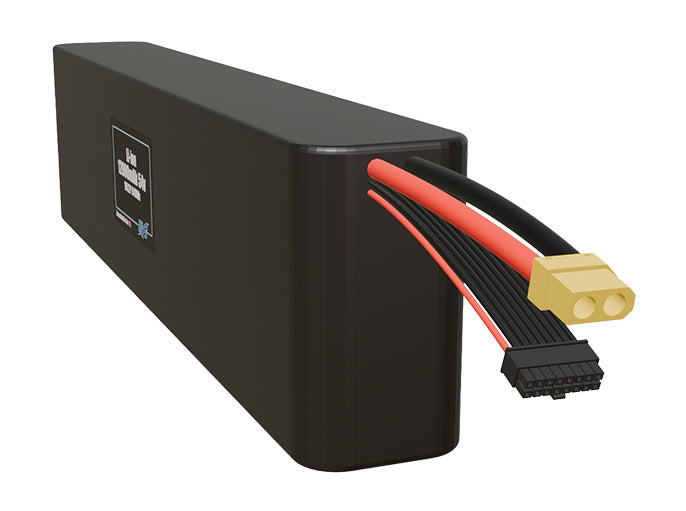 Angled product render of the 12000mAh thirty-cell Li-ion pack. A lightweight energy source for UAV, drone, and robotic builds.