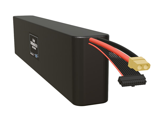 Angled product render of the 12000mAh thirty-four-cell Li-ion pack. A lightweight energy source for UAV, drone, and robotic builds.