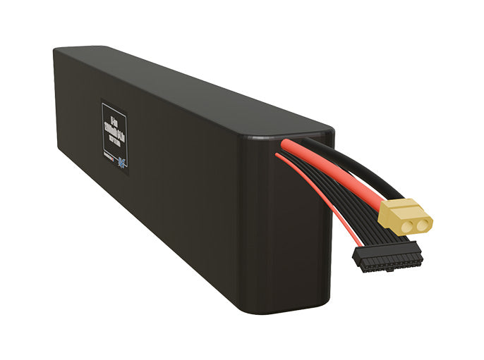 Angled product render of the 12000mAh thirty-six-cell Li-ion pack. A lightweight energy source for UAV, drone, and robotic builds.