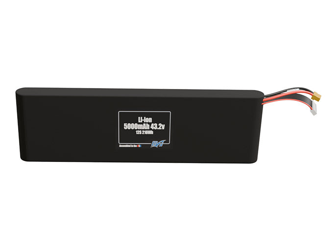Front-facing render of the 43.2V 5000mAh 12S Li-ion battery, assembled in the USA by maxamps, for drone and robotics applications.
