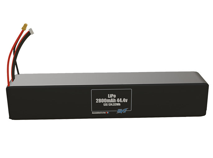 Front-facing render of the 44.4V 2800mAh 12S LiPo end to end battery, assembled in the USA by maxamps, for drone and robotics applications.