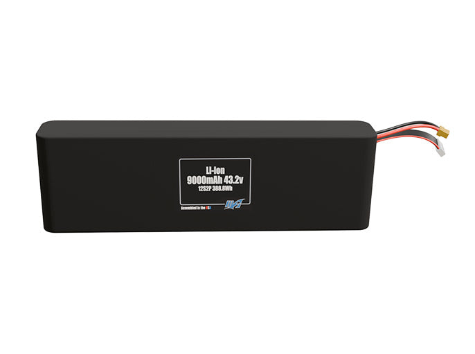 Front-facing render of the 43.2V 9000mAh 12S2P Li-ion battery, assembled in the USA by maxamps, for drone and robotics applications.