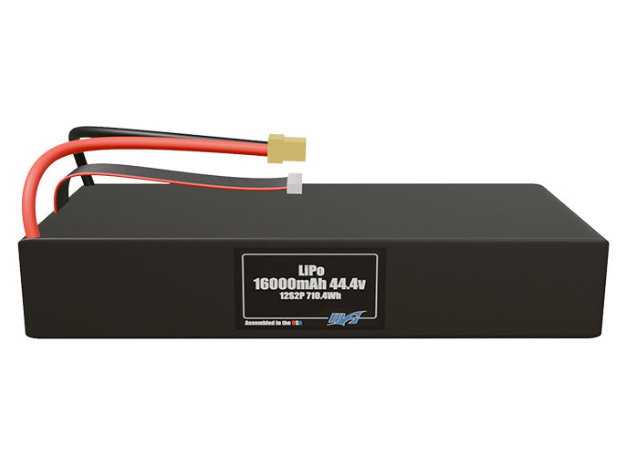 Front-facing render of the 44.4V 16000mAh 12S2P LiPo battery, assembled in the USA by maxamps, for drone and robotics applications.