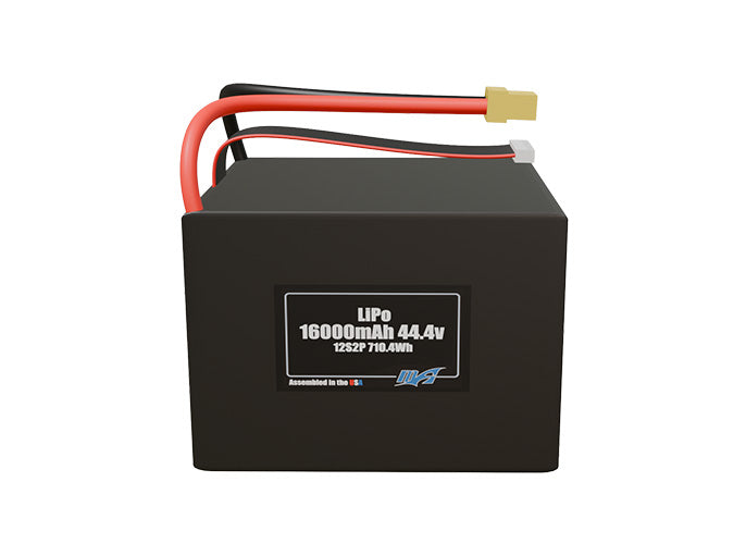Front-facing render of the 44.4V 16000mAh 12S2P LiPo battery, assembled in the USA by maxamps, for drone and robotics applications.