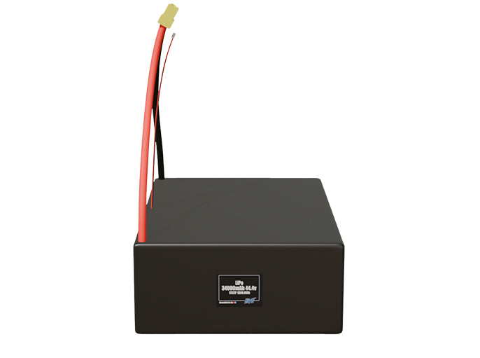 Front-facing render of the 44.4V 34000mAh 12S2P LiPo battery, assembled in the USA by maxamps, for drone and robotics applications.