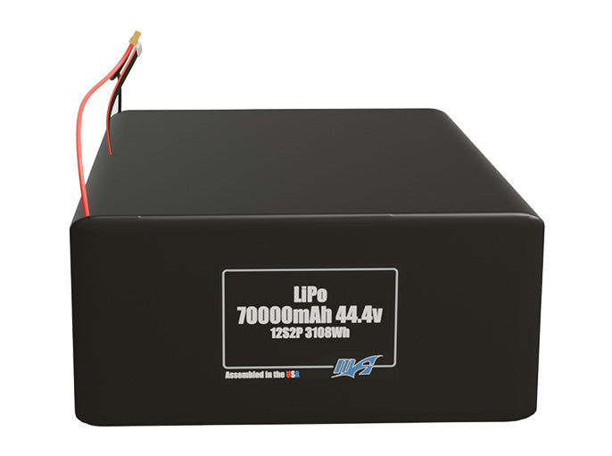 Front-facing render of the 44.4V 70000mAh 12S2P LiPo battery, assembled in the USA by maxamps, for drone and robotics applications.