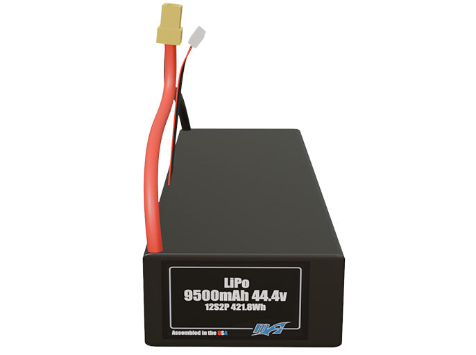 Front-facing render of the 44.4V 9500mAh 12S2P LiPo battery, assembled in the USA by maxamps, for drone and robotics applications.