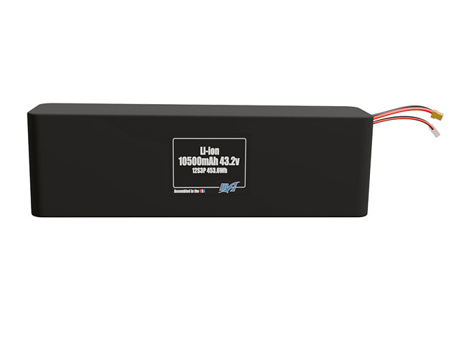 Front-facing render of the 43.2V 10500mAh 12S3P Li-ion battery, assembled in the USA by maxamps, for drone and robotics applications.