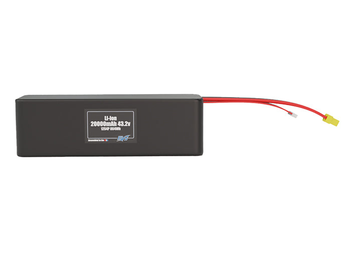 Front-facing render of the 43.2V 20000mAh 12S4P Lithium-Ion battery, assembled in the USA by maxamps, for drone and robotics applications.