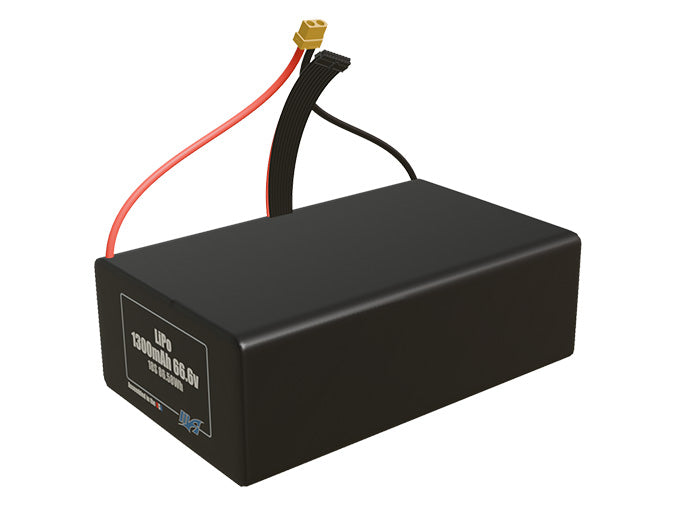 Angled product render of the 1300mAh eighteen-cell LiPo pack. A lightweight energy source for UAV, drone, and robotic builds.

