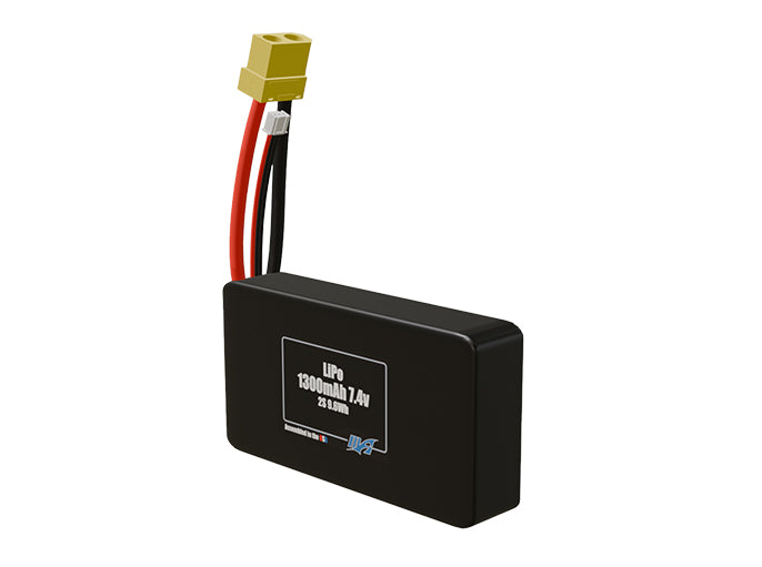 Angled product render of the 1300mAh two-cell LiPo pack. A lightweight energy source for UAV, drone, and robotic builds.
