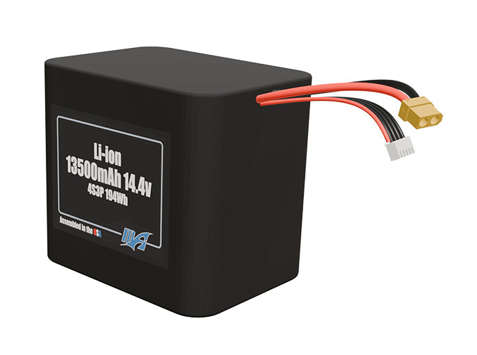 Angled product render of the 13500mAh 12-cell Lithium-ion pack. A lightweight energy source for UAV, drone, and robotic builds.