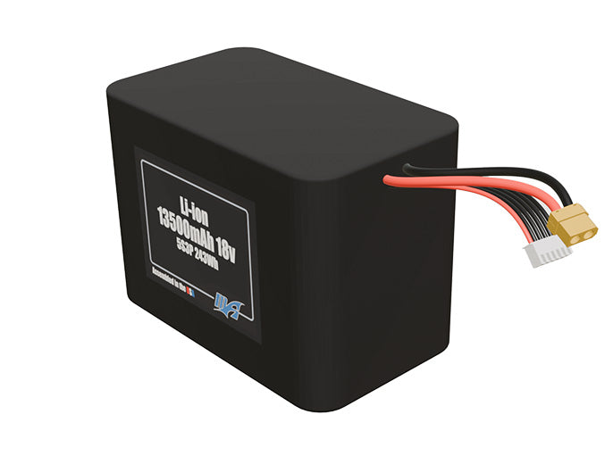 Angled product render of the 13500mAh 15-cell Lithium-ion pack. A lightweight energy source for UAV, drone, and robotic builds.