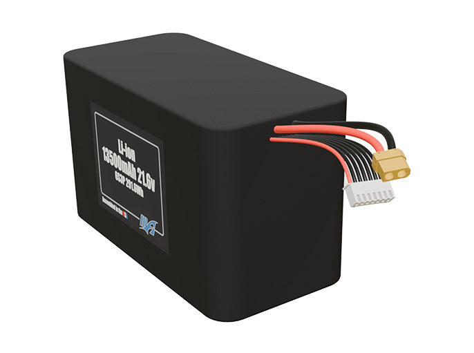 Angled product render of the 13500mAh 18-cell Lithium-ion pack. A lightweight energy source for UAV, drone, and robotic builds.