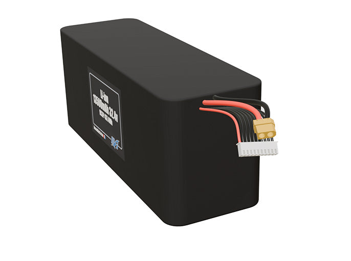 Angled product render of the 13500mAh 27-cell Lithium-ion pack. A lightweight energy source for UAV, drone, and robotic builds.