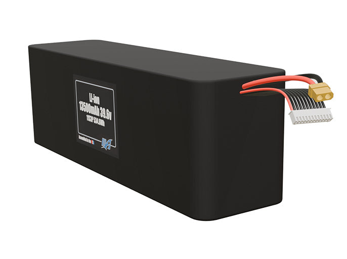 Angled product render of the 13500mAh 33-cell Lithium-ion pack. A lightweight energy source for UAV, drone, and robotic builds.