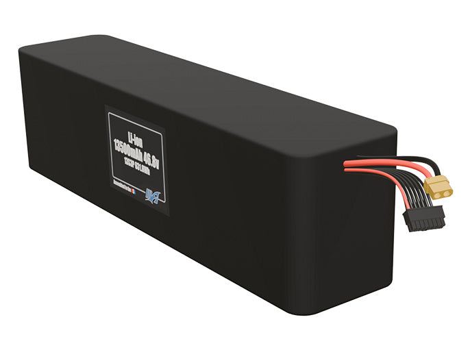 Angled product render of the 13500mAh 39-cell Lithium-ion pack. A lightweight energy source for UAV, drone, and robotic builds.
