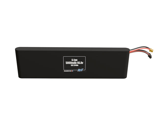 Front-facing render of the 46.8V 5000mAh 13S Li-ion battery, assembled in the USA by maxamps, for drone and robotics applications.