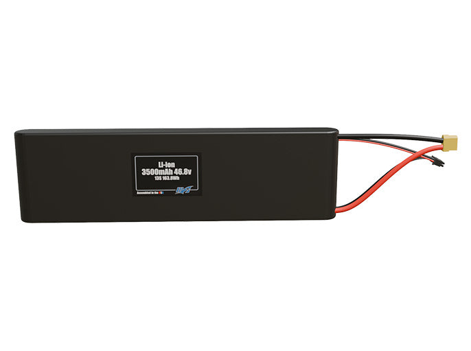 Front-facing render of the 46.8V 3500mAh 13S Li-ion battery, assembled in the USA by maxamps, for drone and robotics applications.