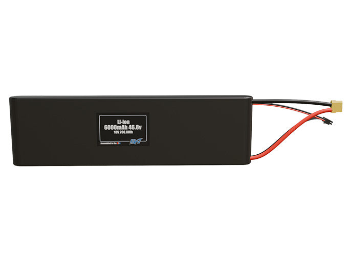 Front-facing render of the 46.8V 6000mAh 13S Li-ion battery, assembled in the USA by maxamps, for drone and robotics applications.
