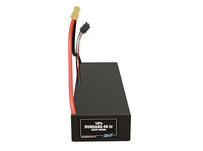 Front-facing render of the 48.1V 9500mAh 13S2P LiPo battery, assembled in the USA by maxamps, for drone and robotics applications.