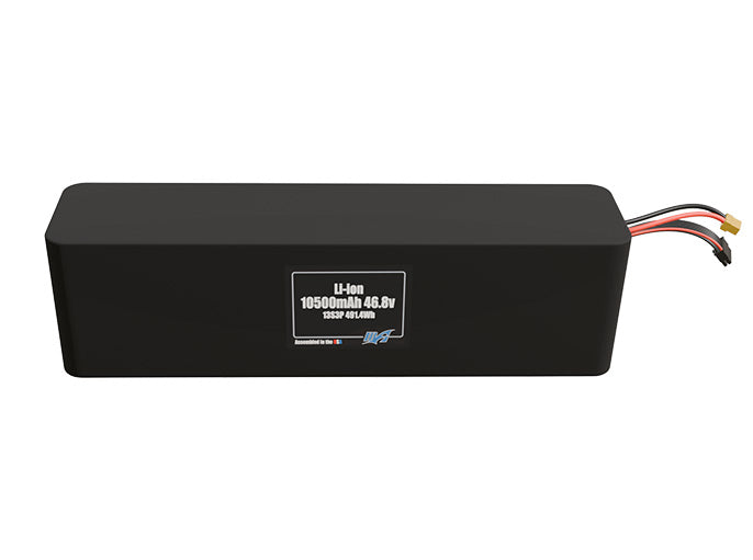 Front-facing render of the 46.8V 10500mAh 13S3P Li-ion battery, assembled in the USA by maxamps, for drone and robotics applications.