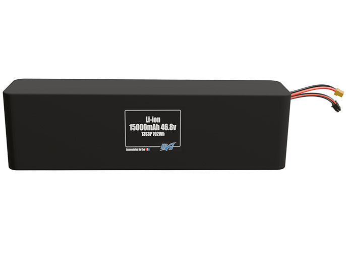 Front-facing render of the 46.8V 15000mAh 13S3P Lithium-Ion battery, assembled in the USA by maxamps, for drone and robotics applications.