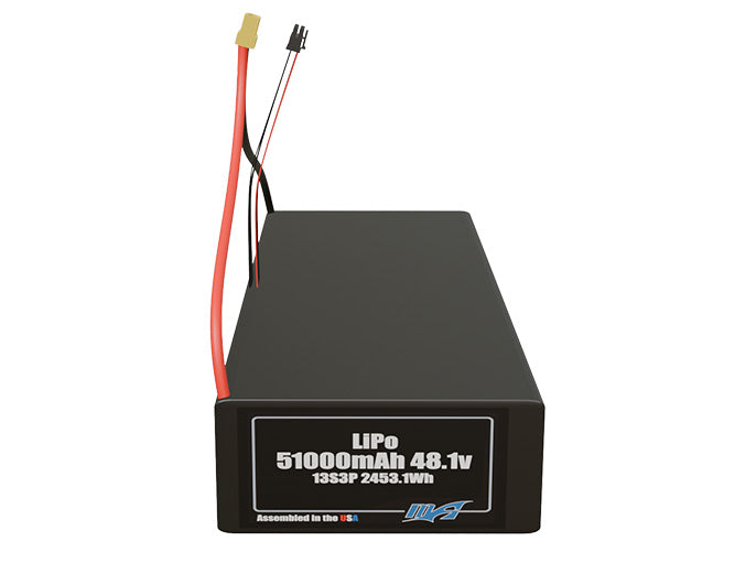 Front-facing render of the 48.1V 51000mAh 13S3P LiPo battery, assembled in the USA by maxamps, for drone and robotics applications.