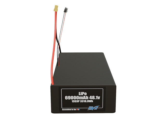 Front-facing render of the 48.1V 69000mAh 13S3P LiPo battery, assembled in the USA by maxamps, for drone and robotics applications.