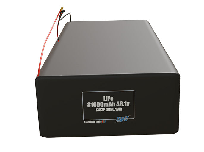Front-facing render of the 48.1V 81000mAh 13S3P LiPo battery, assembled in the USA by maxamps, for drone and robotics applications.