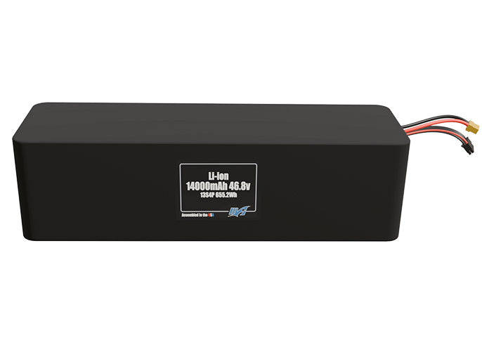 Front-facing render of the 46.8V 14000mAh 13S4P Lithium-Ion battery, assembled in the USA by maxamps, for drone and robotics applications.
