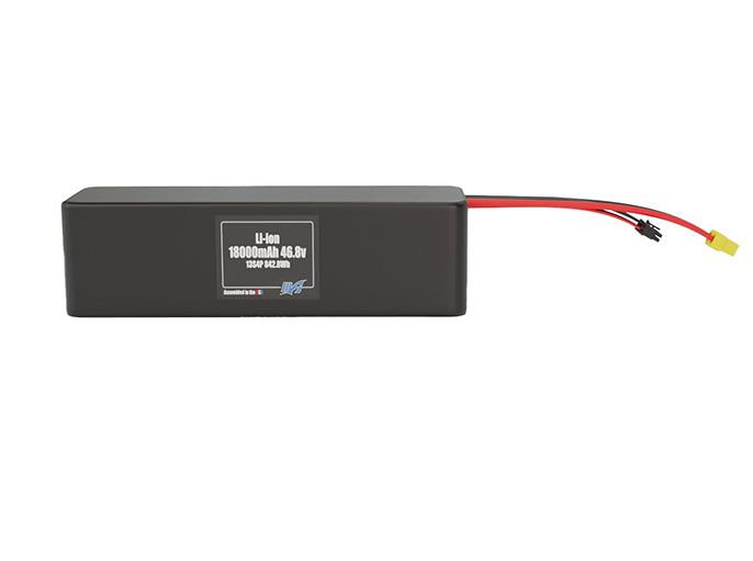 Front-facing render of the 46.8V 18000mAh 13S4P Lithium-Ion battery, assembled in the USA by maxamps, for drone and robotics applications.