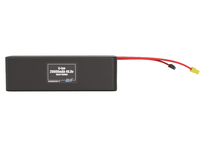 Front-facing render of the 46.8V 20000mAh 13S4P Lithium-Ion battery, assembled in the USA by maxamps, for drone and robotics applications.