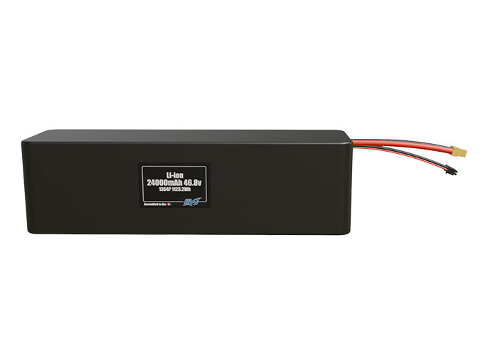 Front-facing render of the 46.8V 24000mAh 13S4P Lithium-Ion battery, assembled in the USA by maxamps, for drone and robotics applications.