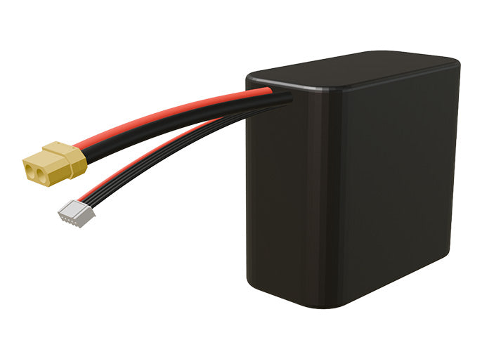 Side-angle render of a 14.4-volt 12000mAh lithium-ion battery, assembled in the USA for compact UAV, drone, and military robotics platforms.