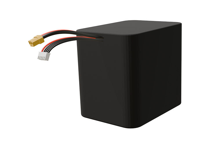 Side-angle render of a 14.4-volt 13500mAh lithium-ion battery, assembled in the USA for compact UAV, drone, and military robotics platforms.