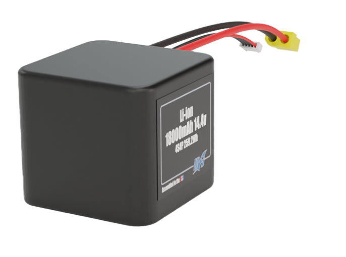 Side-angle render of a 14.4-volt 18000mAh lithium-ion battery, assembled in the USA for compact UAV, drone, and military robotics platforms.