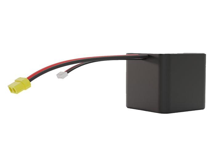 Side-angle render of a 14.4-volt 20000mAh lithium-ion battery, assembled in the USA for compact UAV, drone, and military robotics platforms.