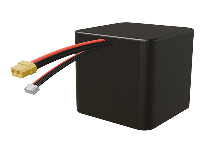 Side-angle render of a 14.4-volt 24000mAh lithium-ion battery, assembled in the USA for compact UAV, drone, and military robotics platforms.