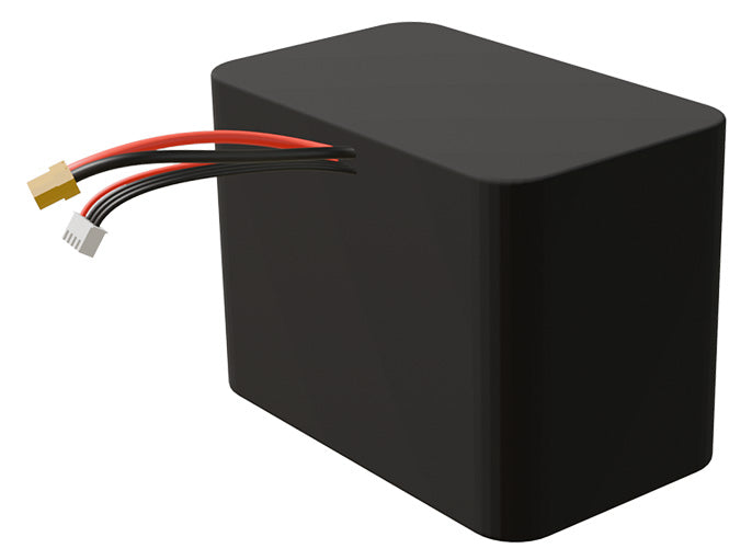 Side-angle render of a 14.4-volt 25000mAh lithium-ion battery, assembled in the USA for compact UAV, drone, and military robotics platforms.