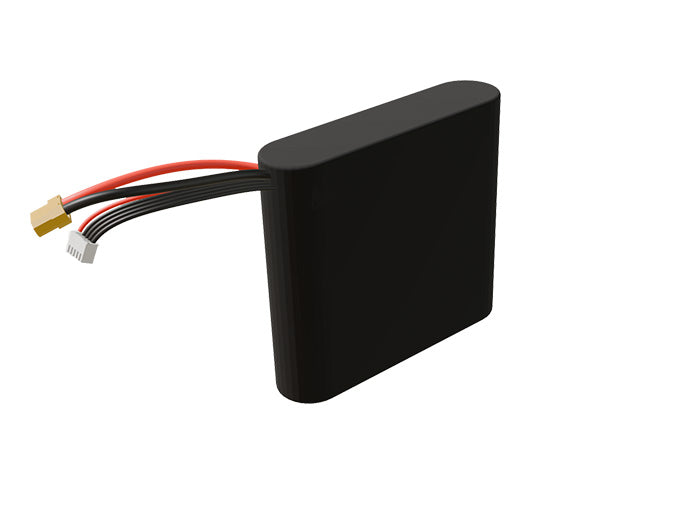 Side-angle render of a 14.4-volt 3500mAh lithium-ion battery, assembled in the USA for compact UAV, drone, and military robotics platforms.