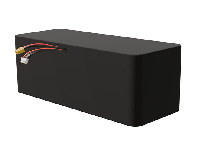 Side-angle render of a 14.4-volt 50000mAh lithium-ion battery, assembled in the USA for compact UAV, drone, and military robotics platforms.