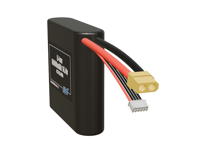 Side-angle render of a 14.4-volt 6000mAh lithium-ion battery, assembled in the USA for compact UAV, drone, and military robotics platforms.