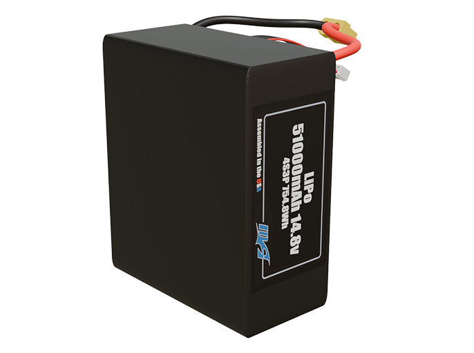 Side-angle render of a 14.8-volt 51000mAh lithium-polymer battery, assembled in the USA for compact UAV, drone, and military robotics platforms.