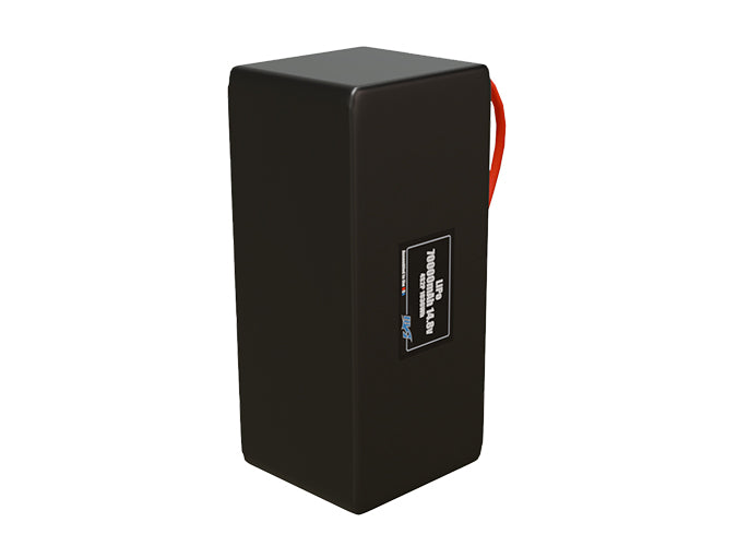 Side-angle render of a 14.8-volt 70000mAh lithium-polymer battery, assembled in the USA for compact UAV, drone, and military robotics platforms.