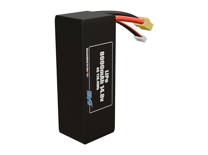Side-angle render of a 14.8-volt 8000mAh lite lithium-polymer battery, assembled in the USA for compact UAV, drone, and military robotics platforms.