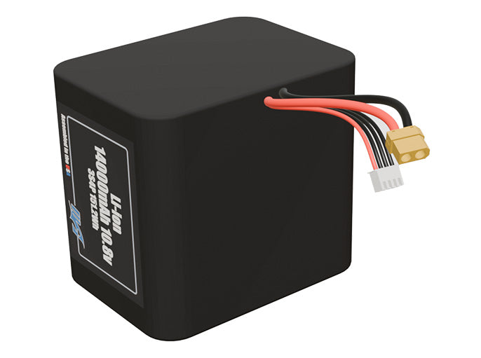 Angled product render of the 14000mAh 12-cell Lithium-ion pack. A lightweight energy source for UAV, drone, and robotic builds.