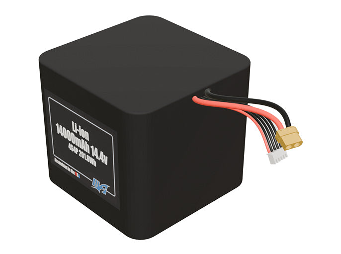 Angled product render of the 14000mAh 16-cell Lithium-ion pack. A lightweight energy source for UAV, drone, and robotic builds.